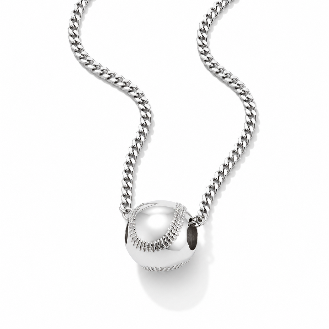 A silver baseball pendant necklace on a matching curb chain, shown against a clean white background with a soft shadow.