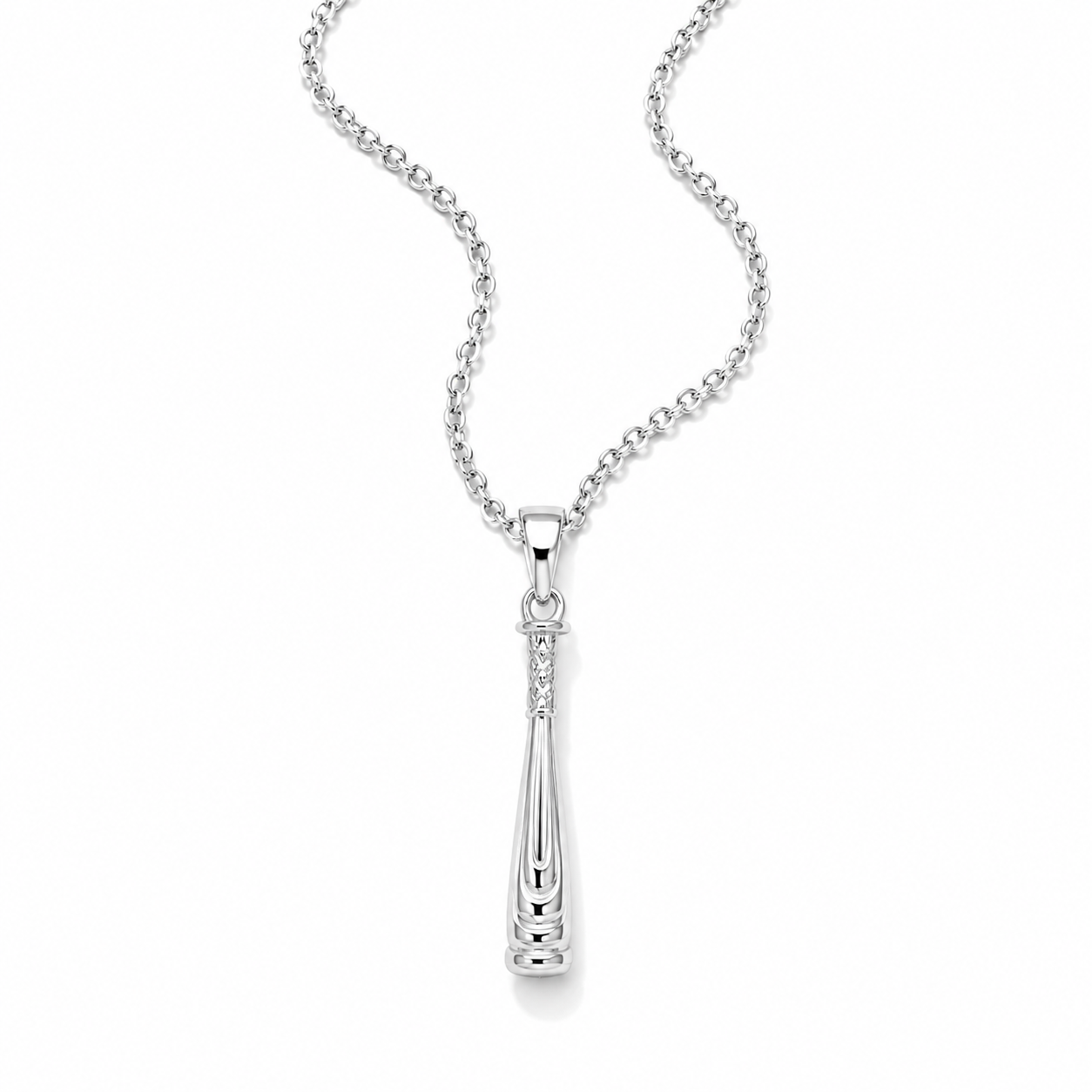 A silver baseball pendant necklace on a delicate link chain, displayed against a clean white background.