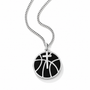A silver chain necklace with a round pendant featuring a black basketball design with white lines and a silver cross in the center, shown on a clean white background.