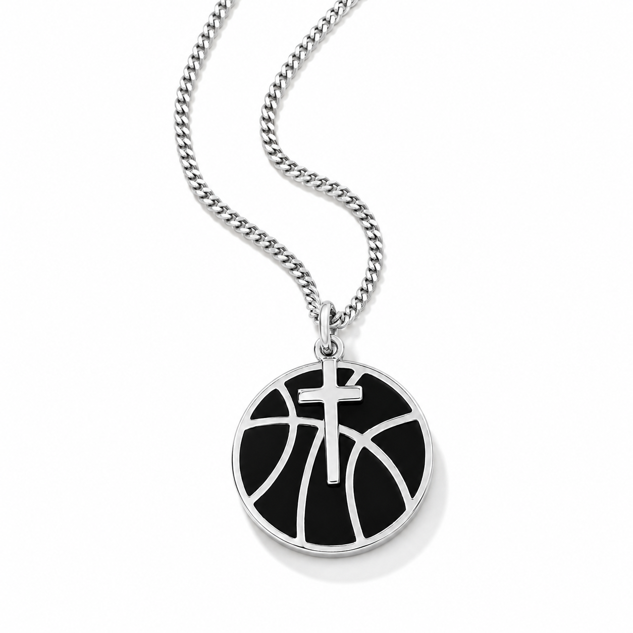 A silver chain necklace with a round pendant featuring a black basketball design with white lines and a silver cross in the center, shown on a clean white background.