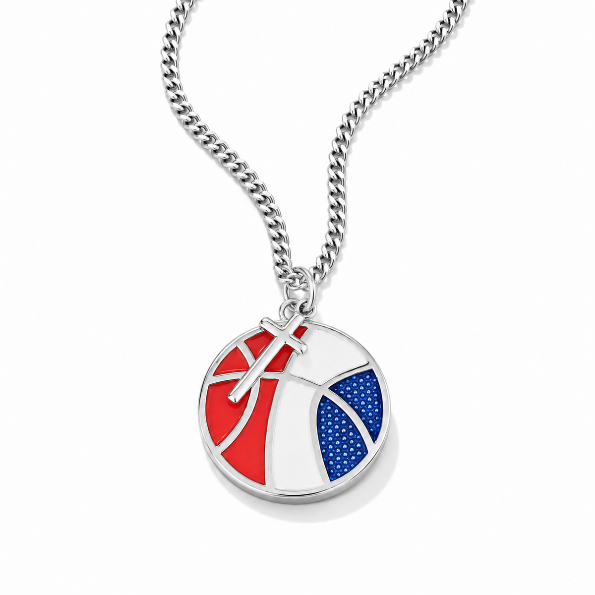 A silver chain necklace with a round pendant featuring a basketball design in red, white, and blue, with a silver sword charm resting on top, set against a plain white background.