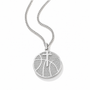 A silver-toned round pendant necklace featuring a basketball design paved with small clear stones, suspended from a matching curb chain on a white background.