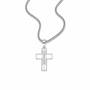 A silver-toned cross pendant necklace with a textured vertical bar design in the center, suspended from a matching curb chain against a plain white background.
