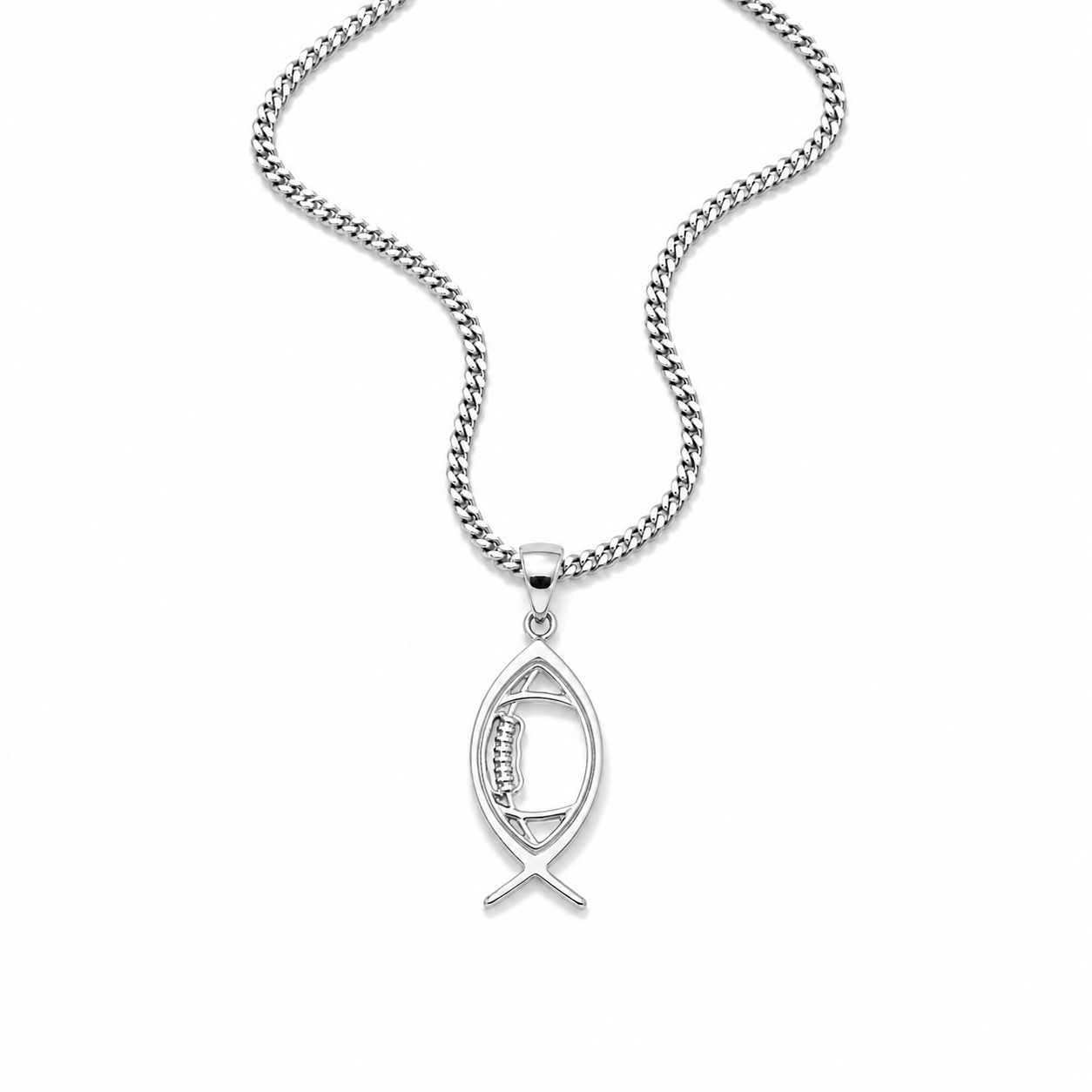 A silver fish-shaped pendant necklace with a textured chain, displayed on a clean white background.