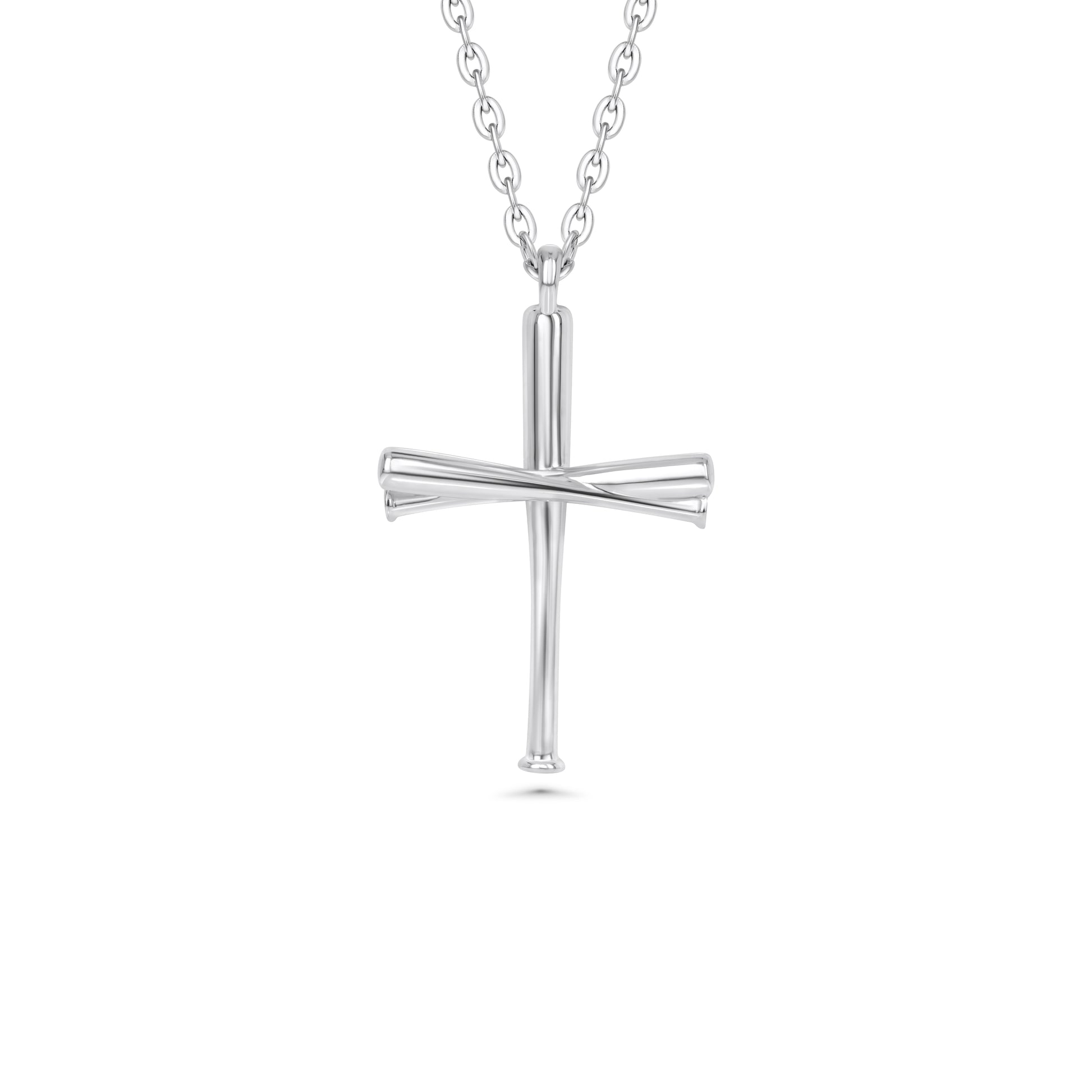 All in Faith original baseball cross in stainless steel against a white background