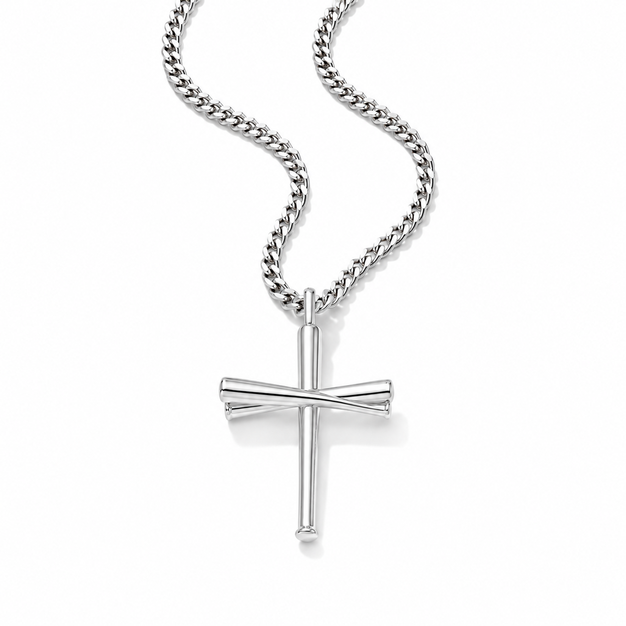A polished silver cross pendant necklace with a matching curb chain, shown on a clean white background.