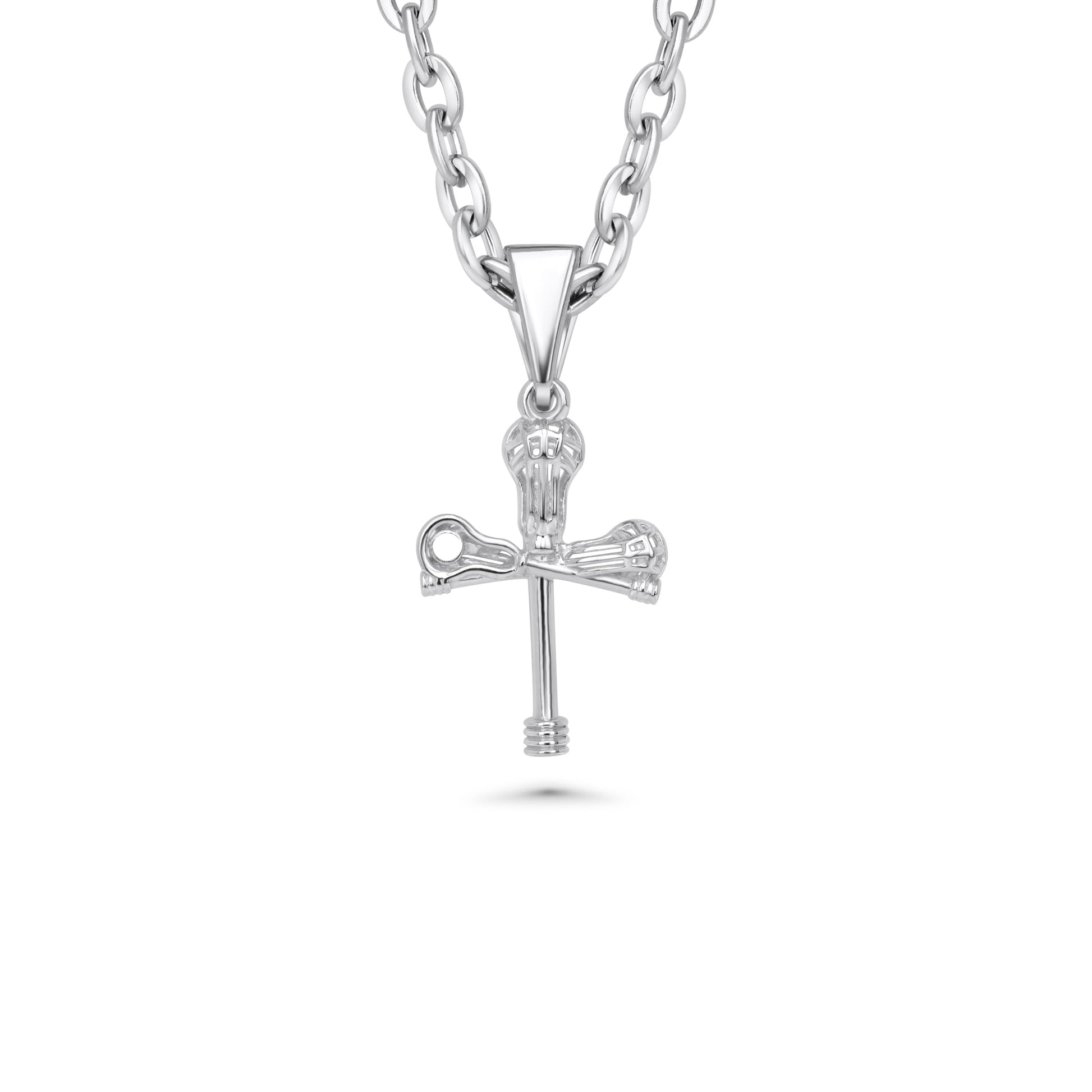 All In Faith Silver Lacross cross pendant necklace on a white background