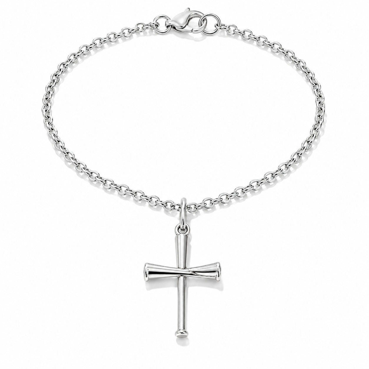 A silver chain bracelet with a polished cross pendant, displayed on a clean white background.