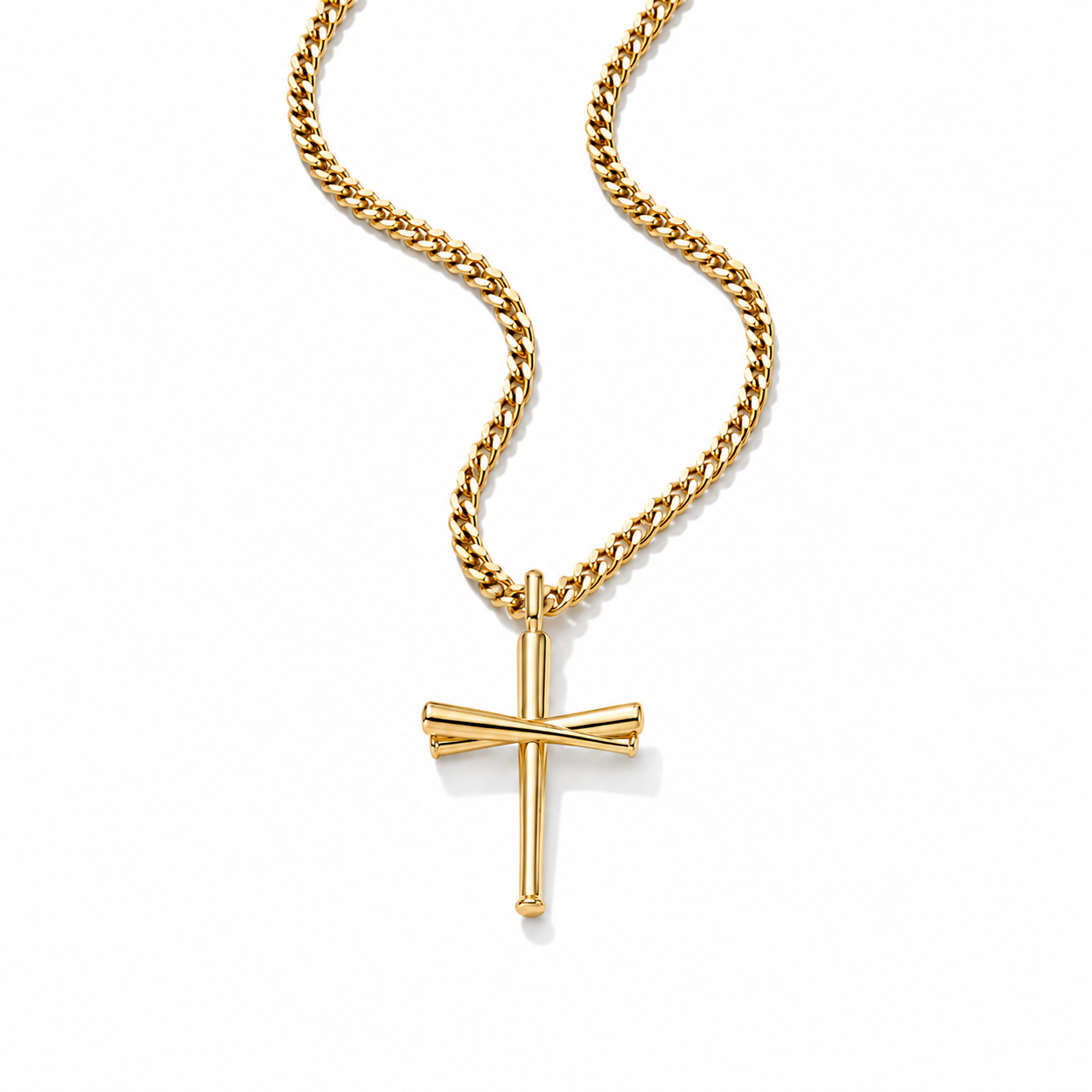 A gold cross pendant necklace with a polished finish, suspended from a matching gold curb chain against a clean white background.