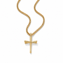 A gold cross pendant necklace with a polished finish, suspended from a matching gold curb chain against a clean white background.