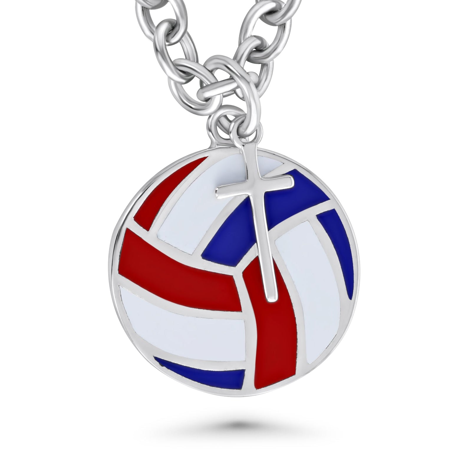 Necklace with a red white and blue volleyball pendant on a white background