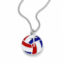A silver chain necklace with a round pendant featuring a volleyball pattern in red, white, and blue with a silver cross in the center, shown on a white background.