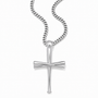 A silver-toned cross pendant necklace with a polished finish, suspended from a matching curb chain against a clean white background.