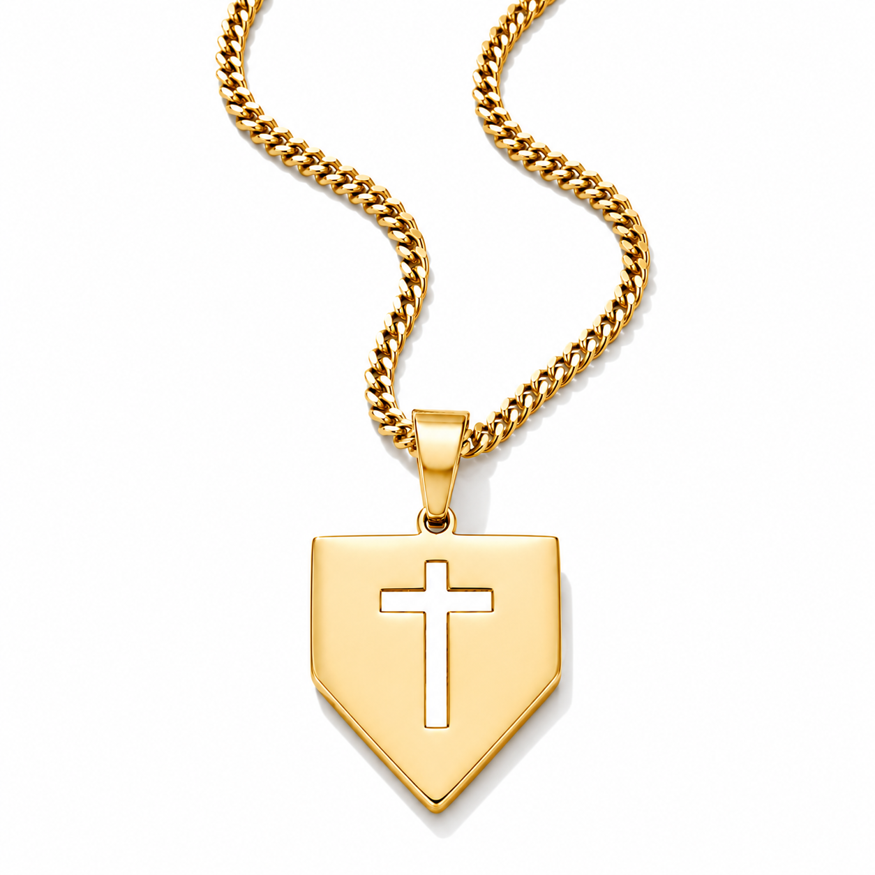 yellow home plate necklace with cross in the center