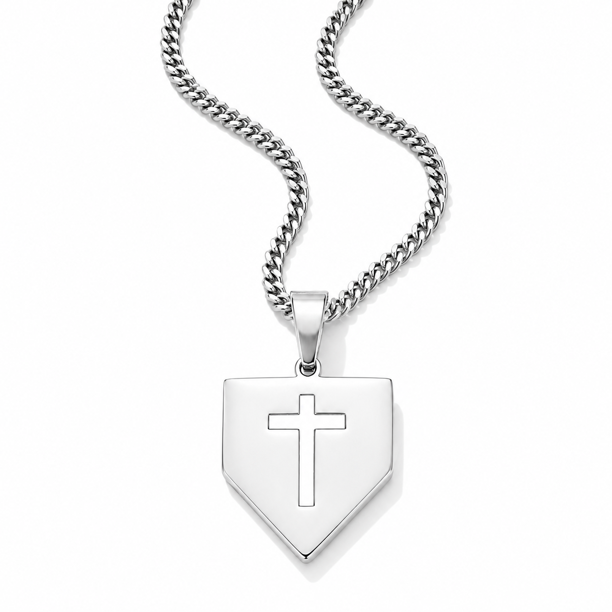 silver home plate necklace with cross in the center 