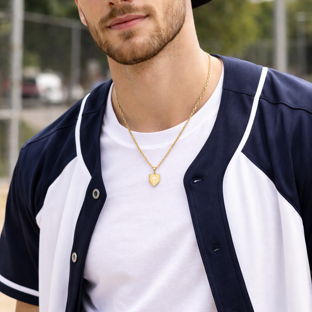 Man wearing all in faith home plate corss neckalce a navy and white varsity jacket with a cap, standing outdoors.