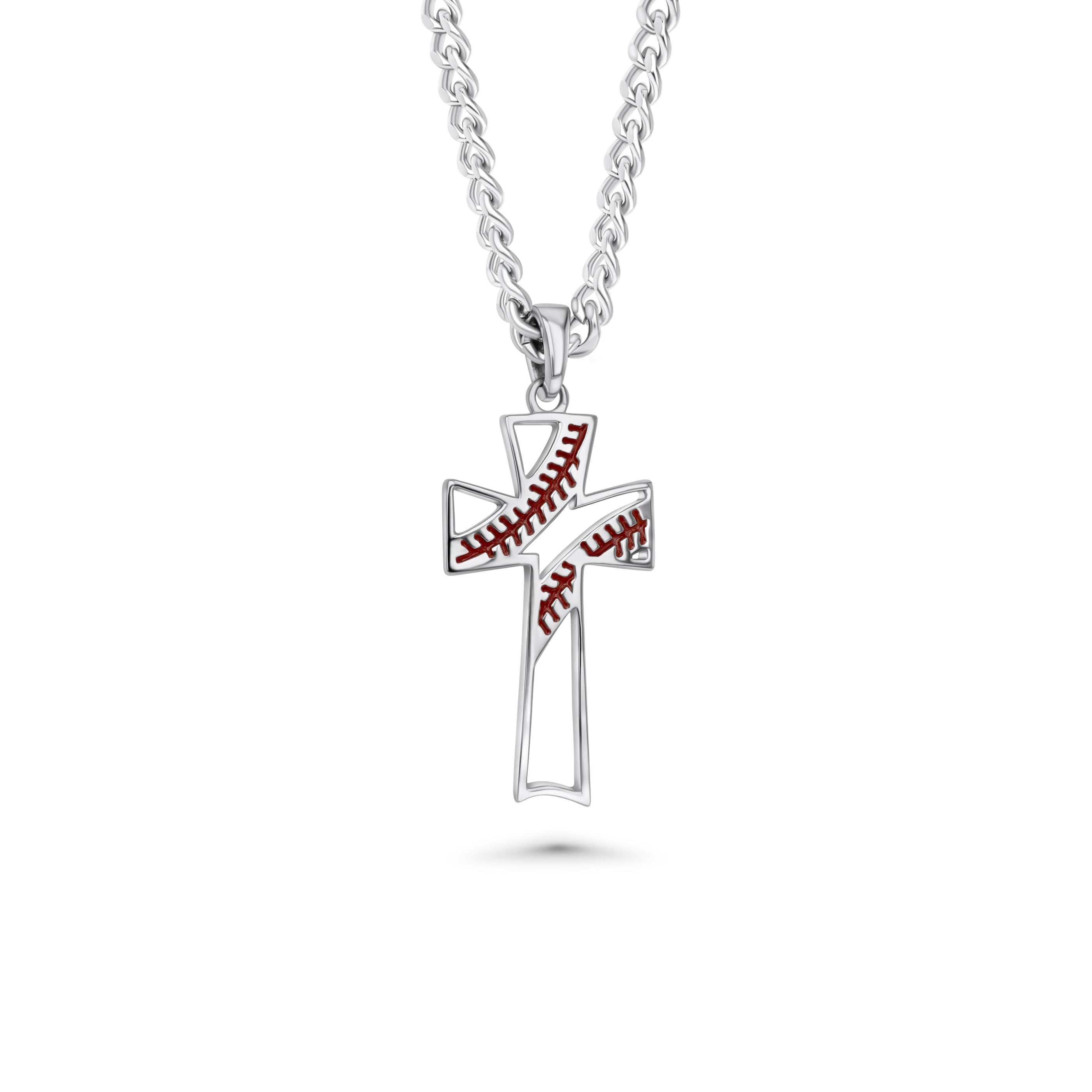 Red Stitch Baseball Cross Necklace | Sterling Silver