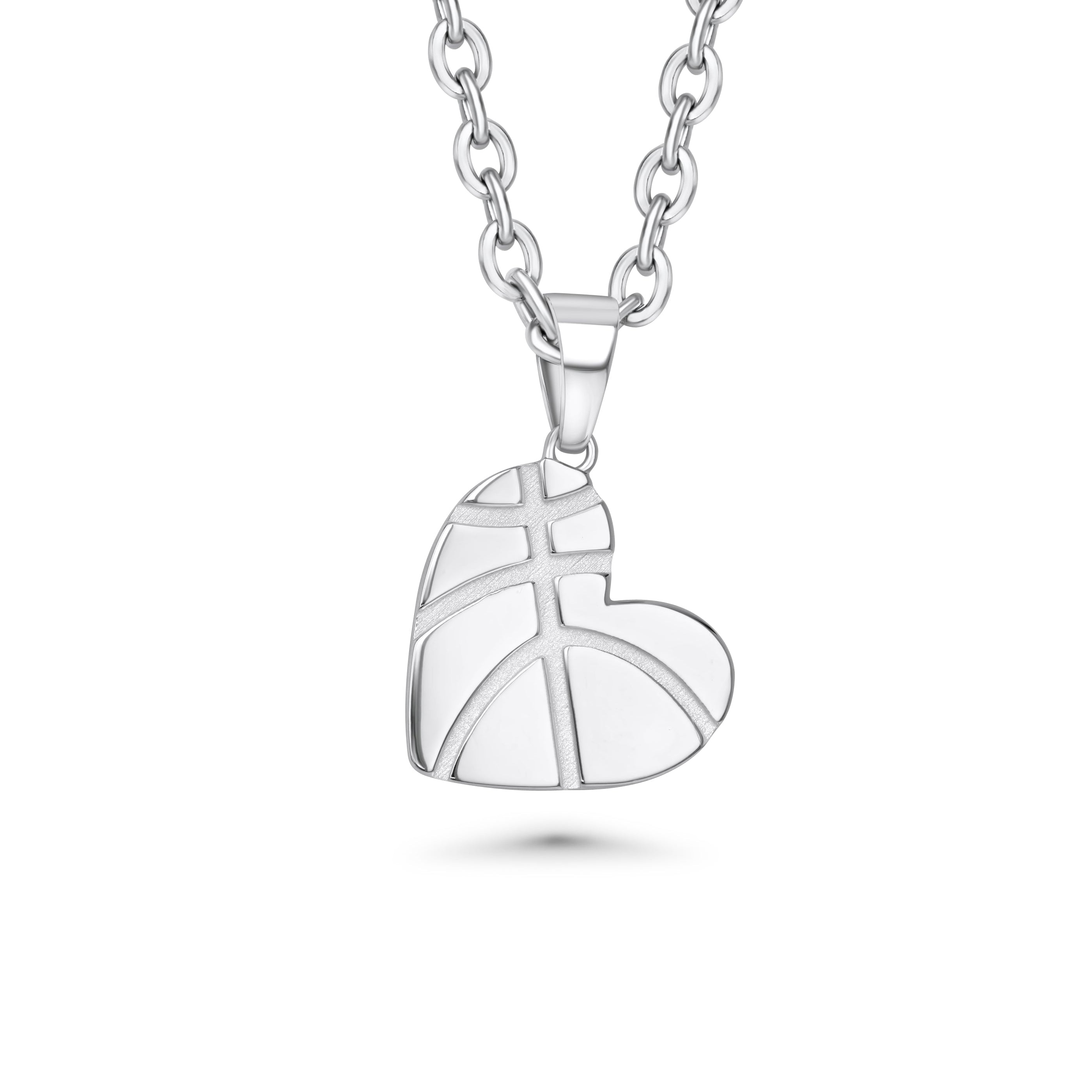 Silver basketball-shaped pendant on a chain against a white background