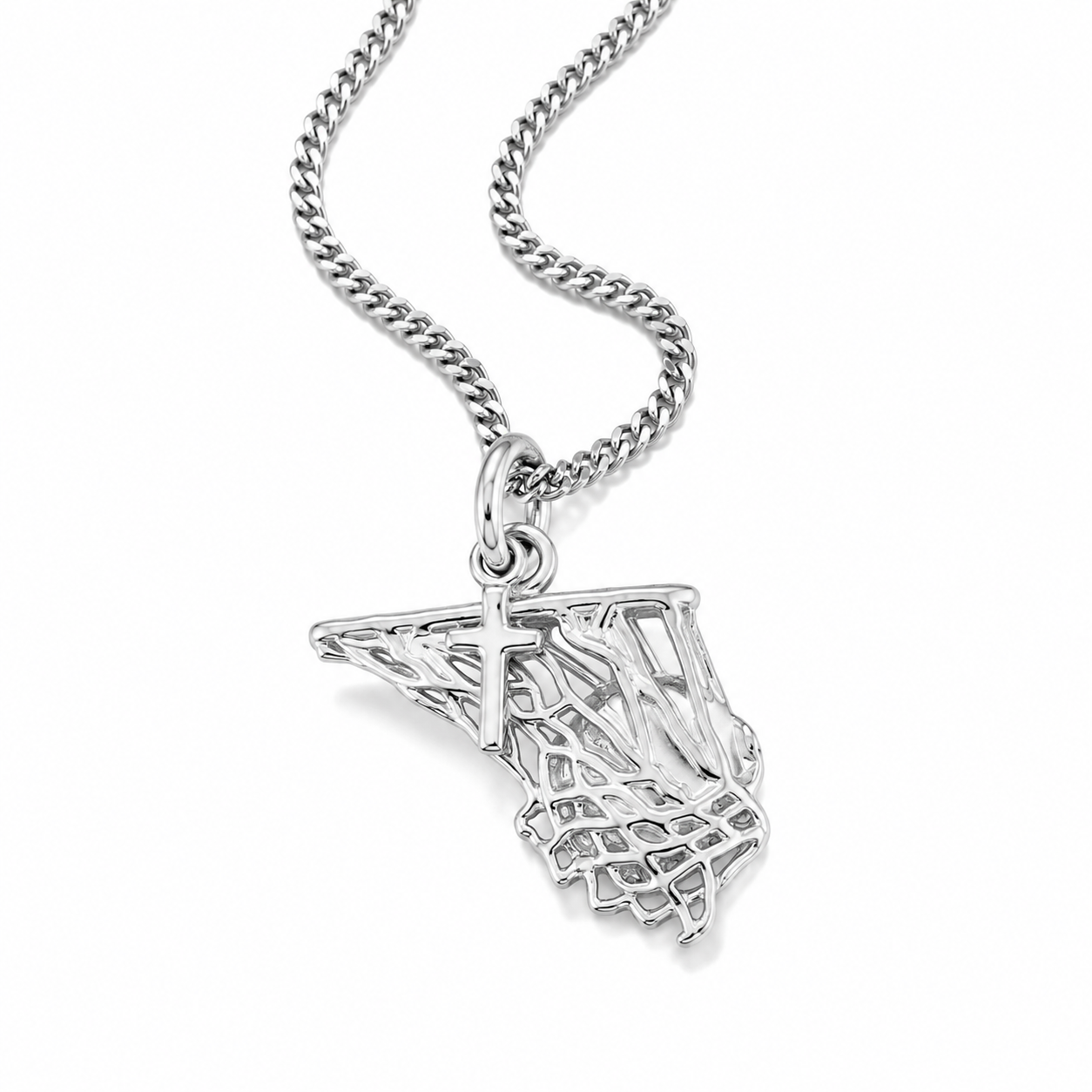 Silver basketball net with hanging dangle cross