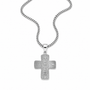 A silver cross pendant necklace with a textured, pave-set design and the word 'JESUS' in the center, hanging from a silver curb chain against a plain white background.