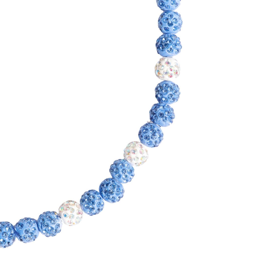 blue and white iced out baseball bead necklace close up 