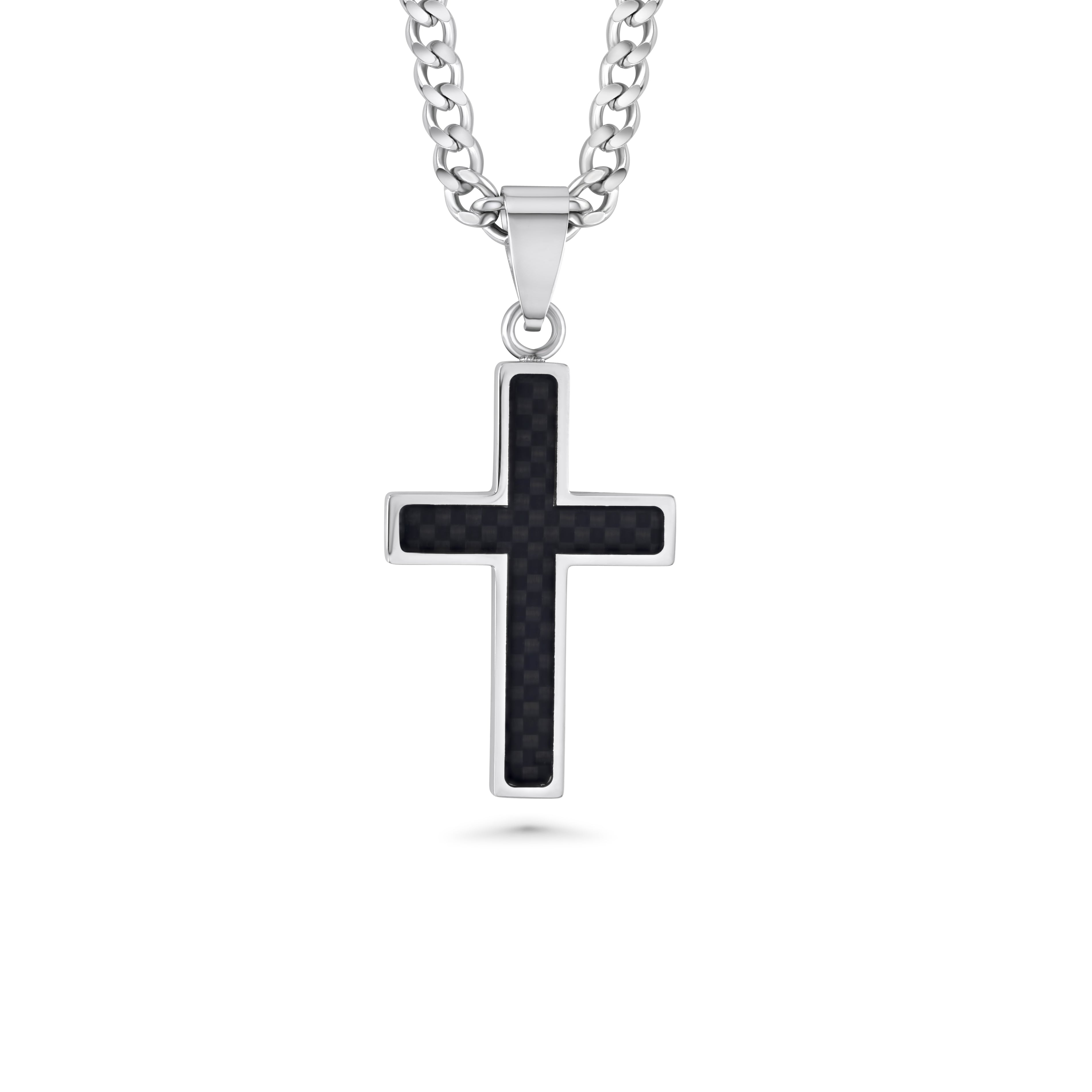 Cross pendant necklace with black carbon fiber inlay on a white background