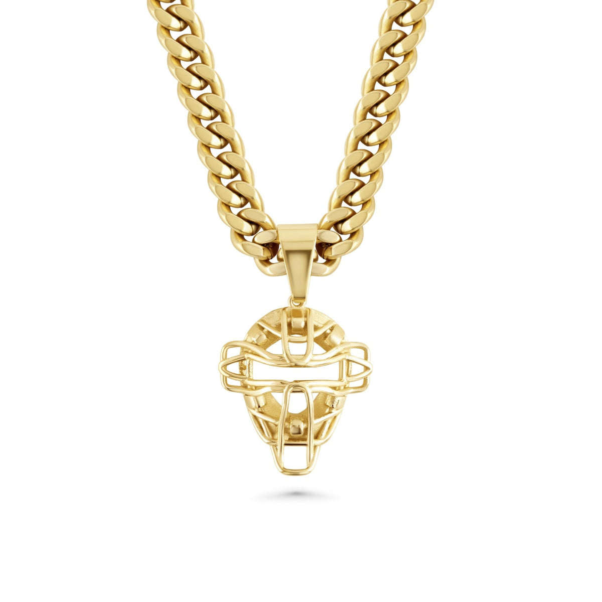 Baseball Catcher's Mask Necklace with 8mm Cuban Link Chain - Gold