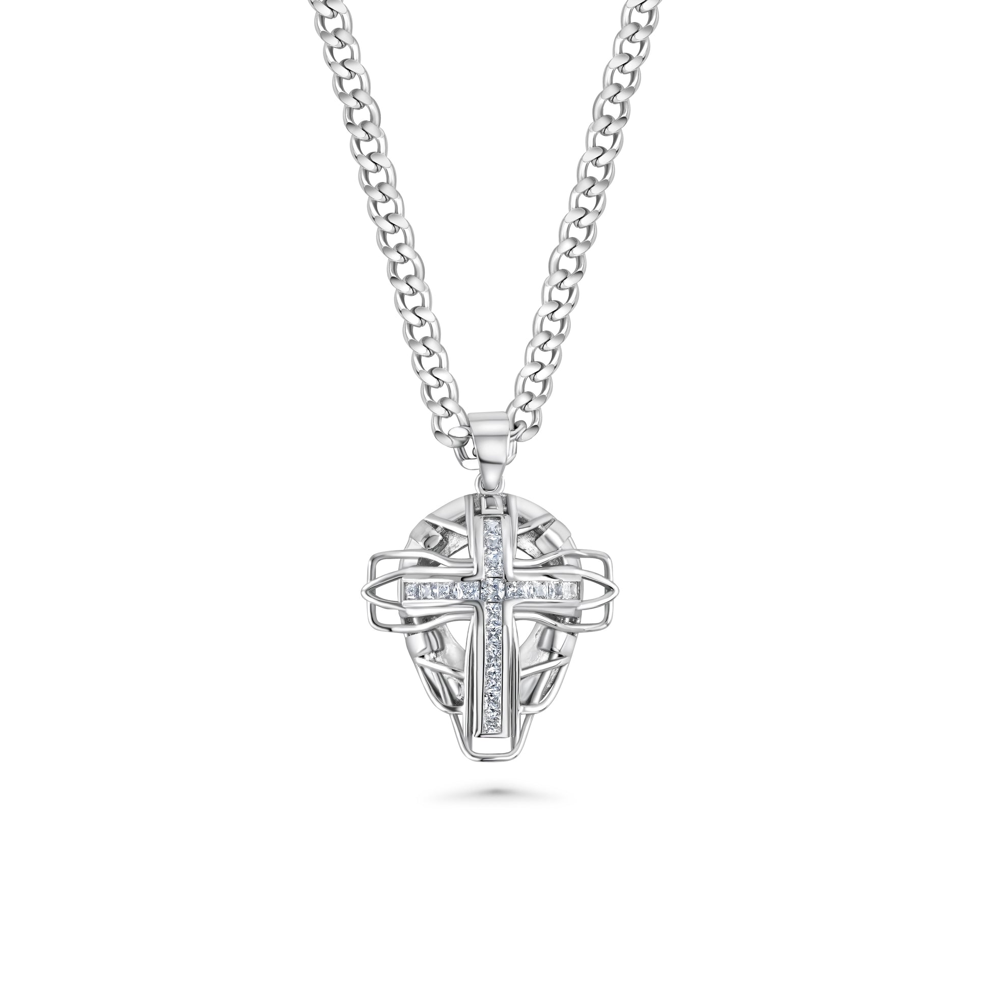 Iced Out Catchers Mask With Pricess Cut Diamonds | Silver cross pendant necklace on a white background