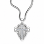 A silver-toned cross pendant necklace with a curb chain, featuring a central cross paved with small clear stones, set against a plain white background.