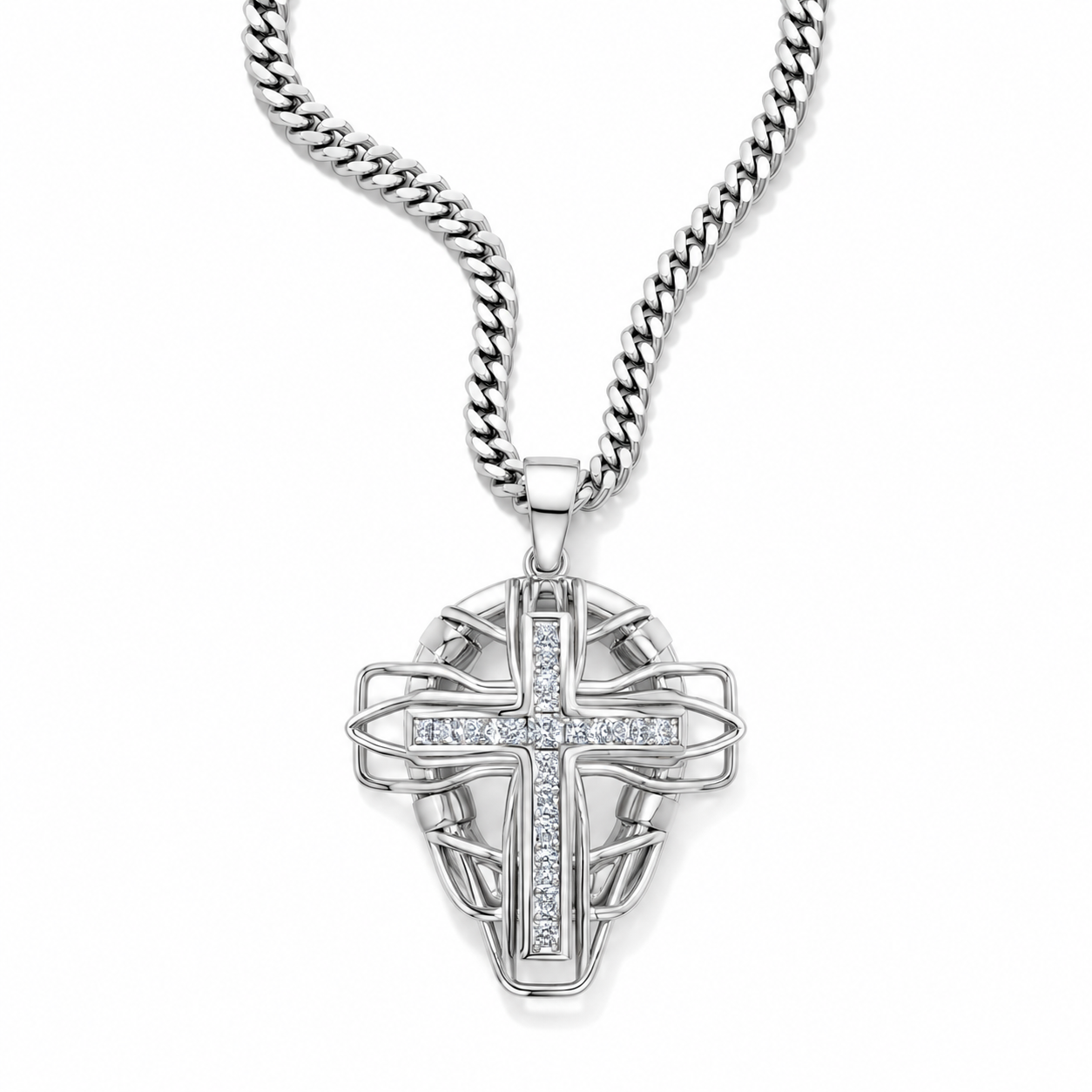 A silver-toned cross pendant necklace with a curb chain, featuring a central cross paved with small clear stones, set against a plain white background.