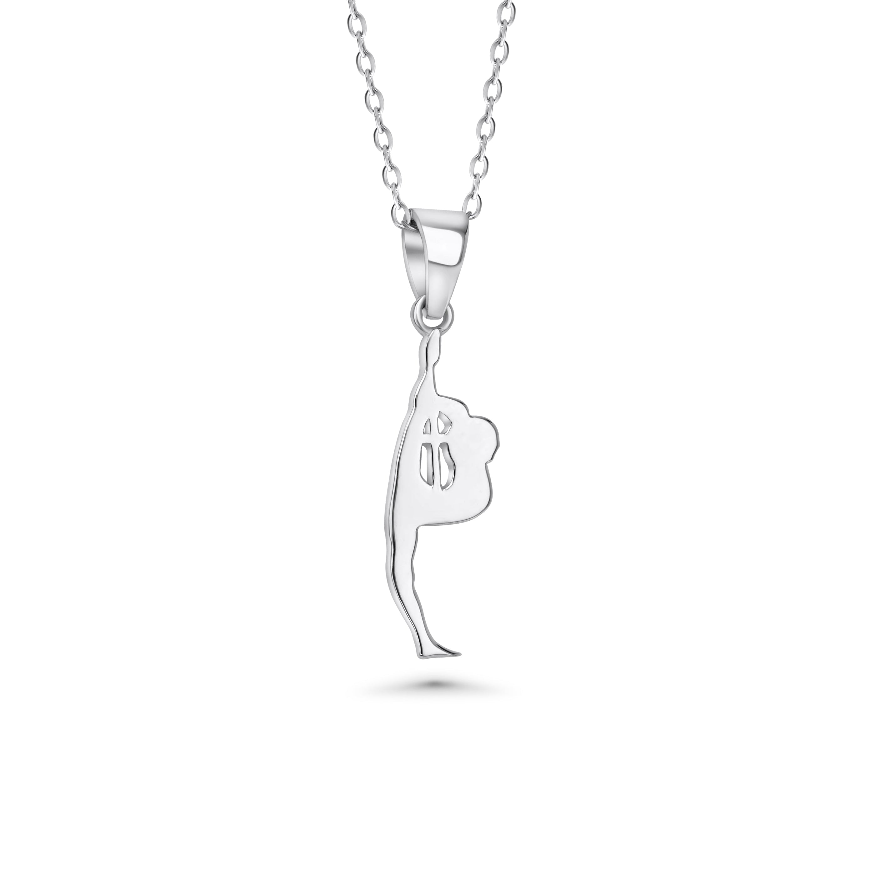 necklace with a cheerleader doing a scorpion with a cross between leg and body 