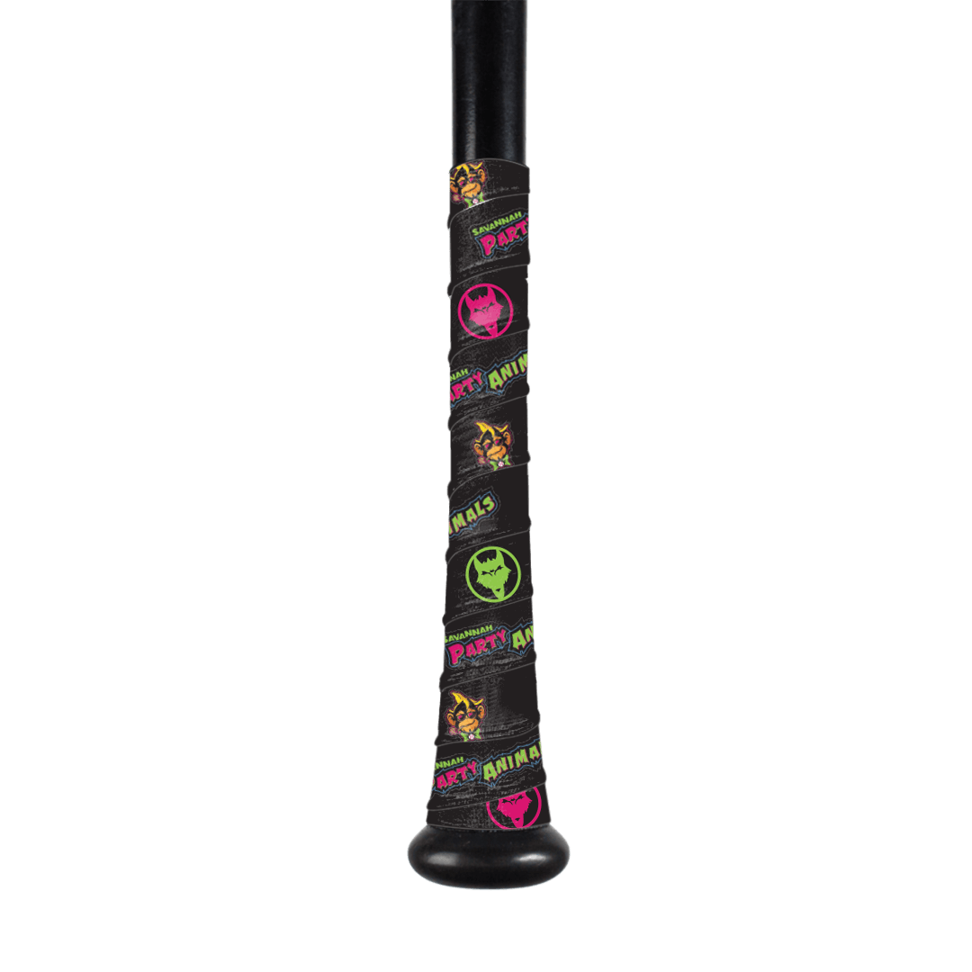 Savannah Bananas Bat Grip Collection featuring vibrant designs and colorful patterns for optimal performance.