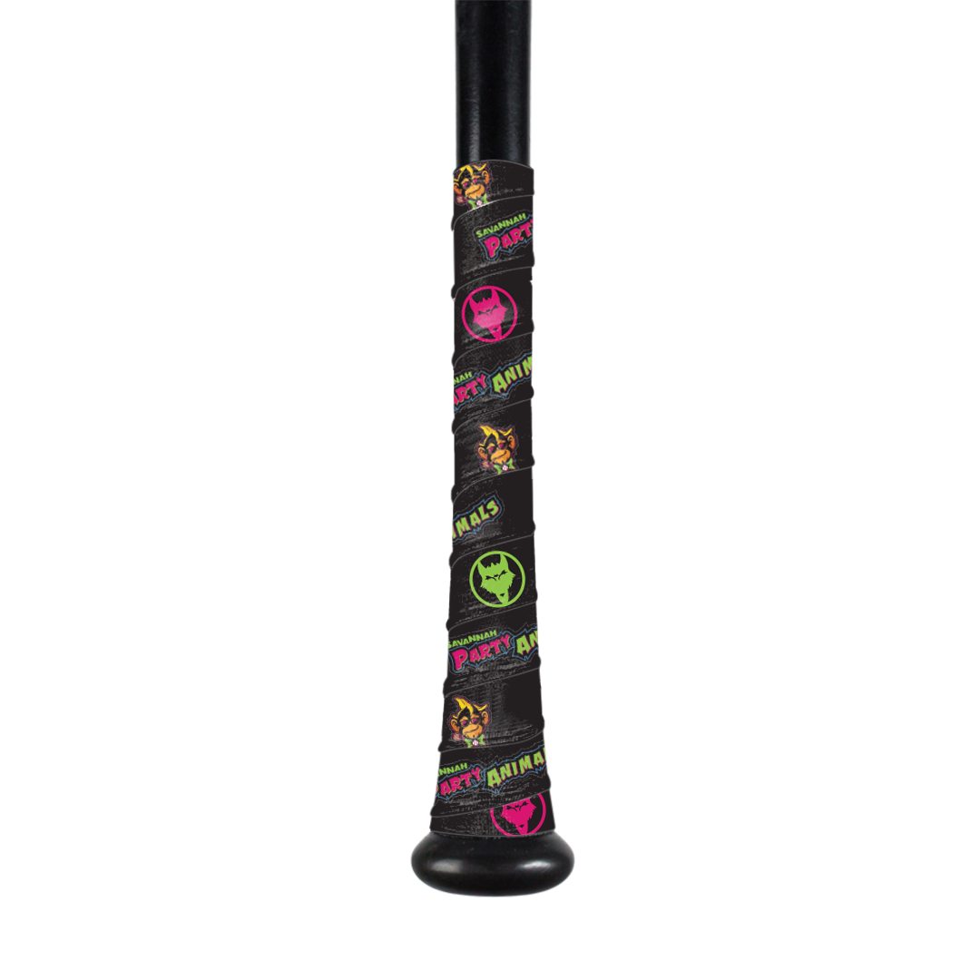 Savannah Bananas Bat Grip Collection featuring vibrant designs and colorful patterns for optimal performance.