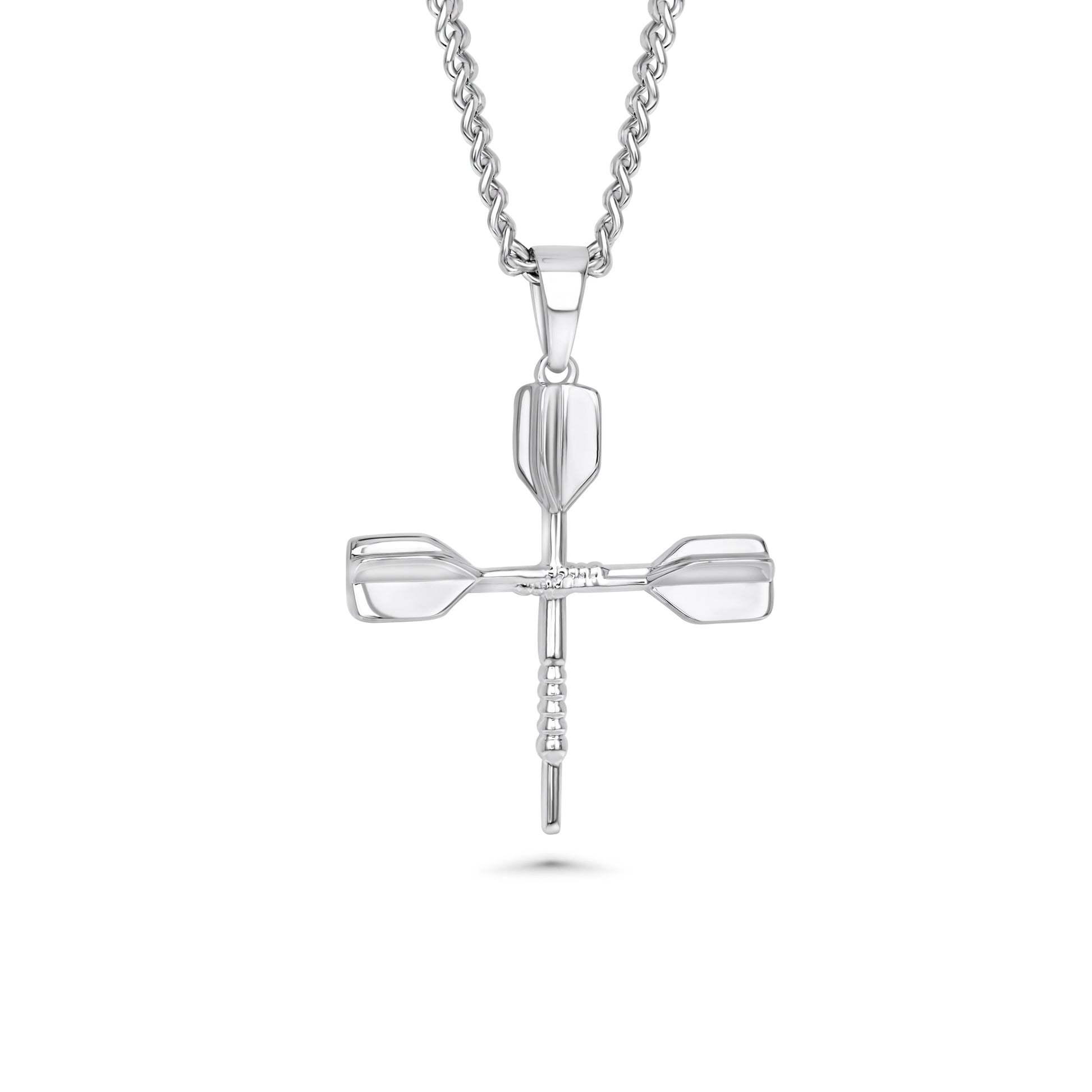 Silver necklace with a unique pendant on a white background