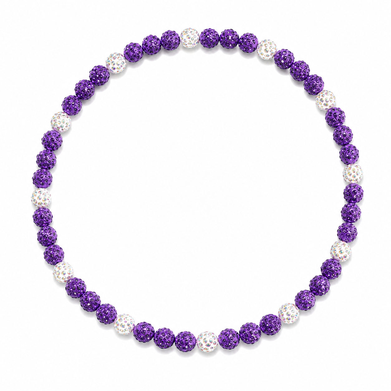 All In Faith Dinger Iced Out Baseball Bead Necklace with sparkling purple and white beads