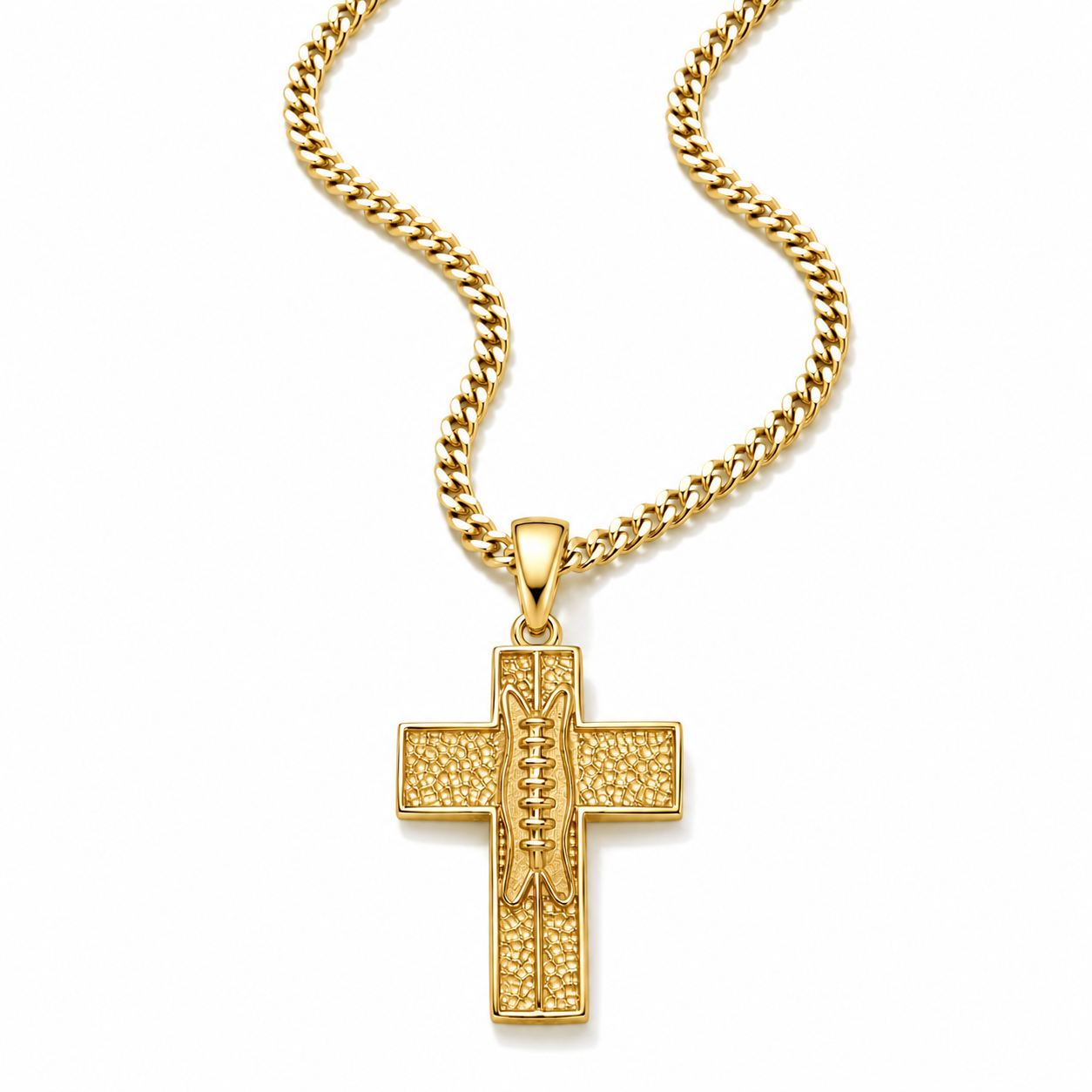 A gold cross pendant necklace with a textured, diamond-like pattern on the outer cross and a raised central figure, suspended from a gold curb chain against a white background.