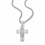 A silver-toned cross pendant necklace featuring a textured, pavé-set design with a central raised figure, suspended from a matching curb chain against a plain white background.