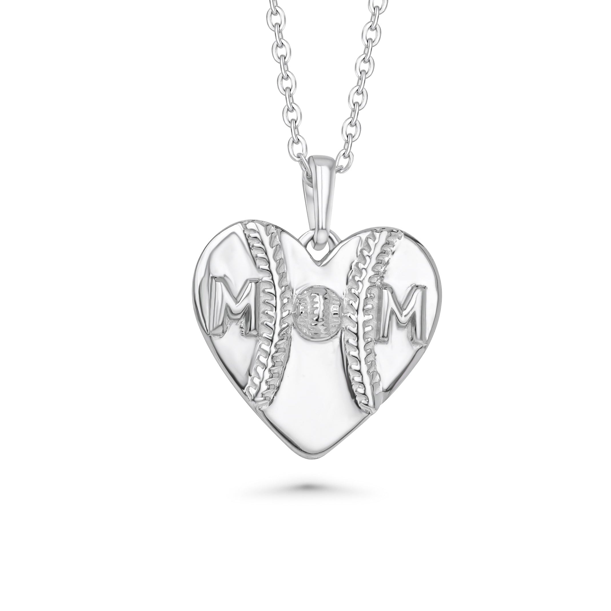 Heart-shaped silver pendant with 'MOM' engraving on a white background