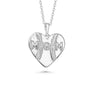 Heart-shaped silver pendant with 'MOM' engraving on a white background