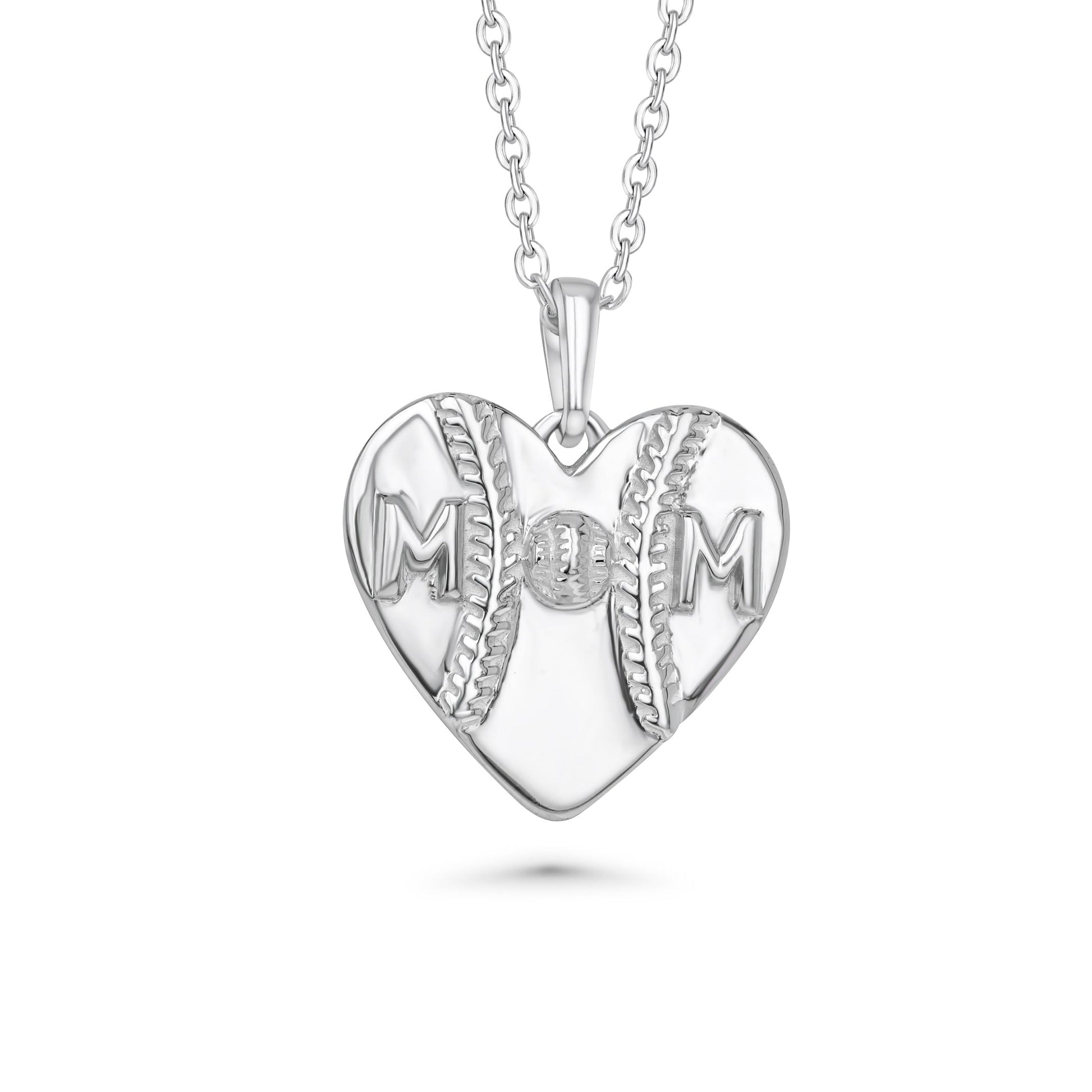 Heart-shaped silver pendant with 'MOM' engraving on a white background