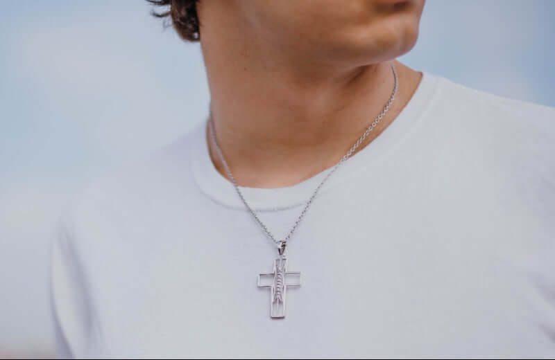 Football Jewelry Bundle | Buy 3 and Get Free Gift - Silver cross necklace worn by a man, showcasing faith and style.