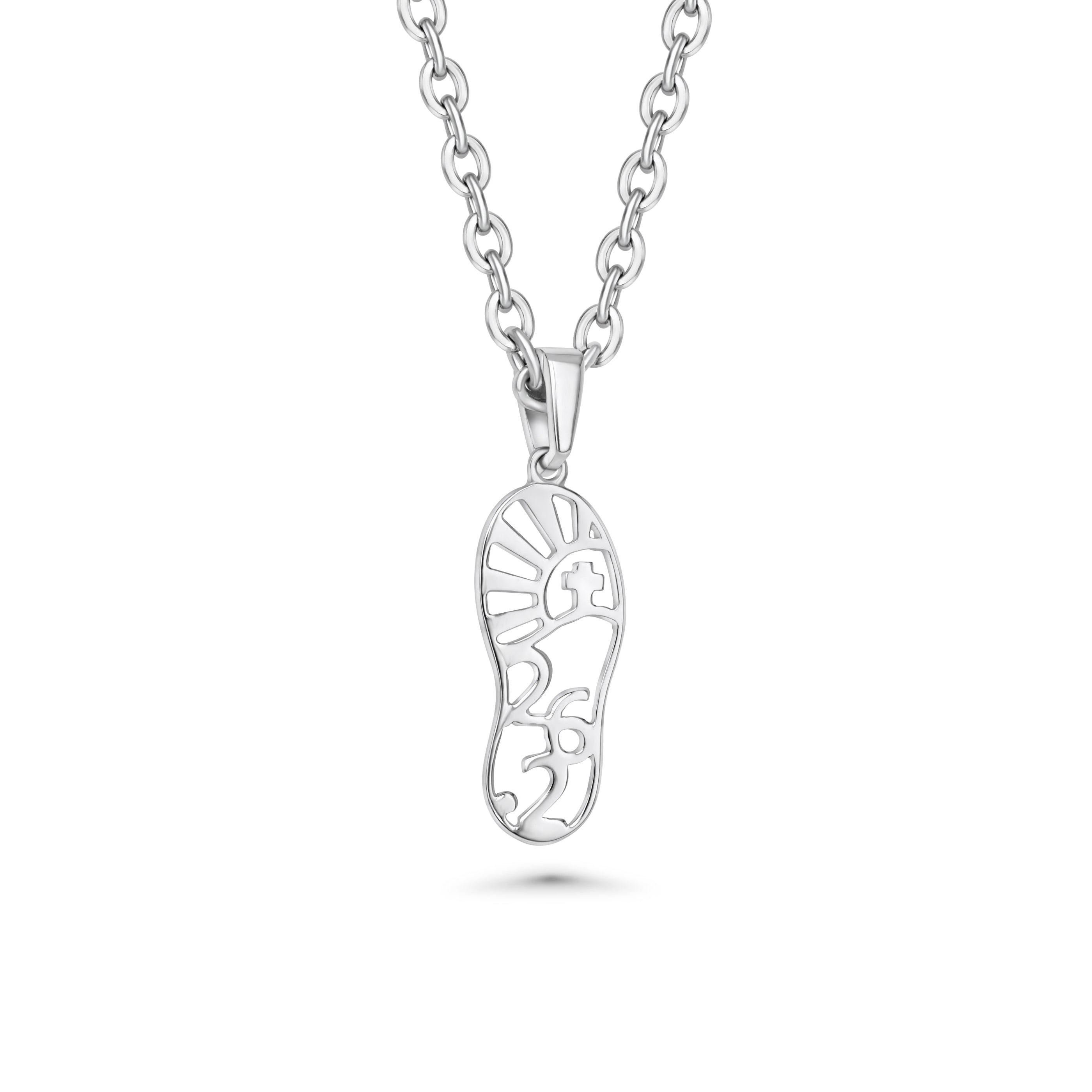Silver shoeprint pendant necklace with 26.2 and cross on the inside of the pendant on a white background