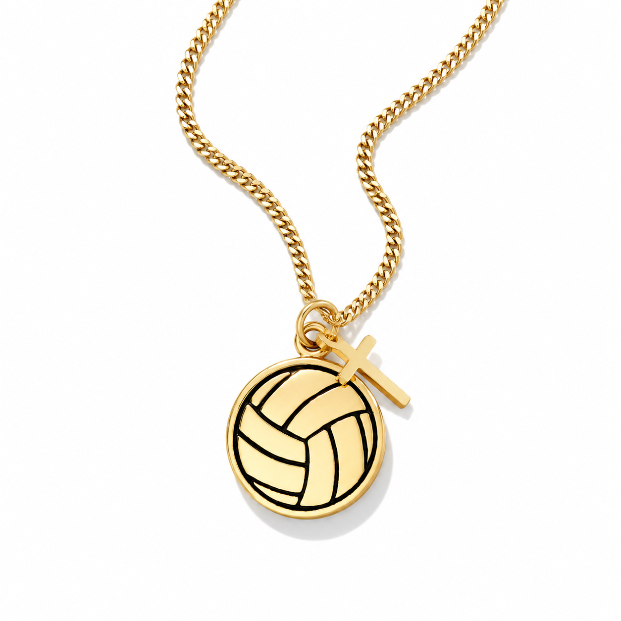 A gold chain necklace featuring a circular pendant with an engraved volleyball pattern and a small gold cross charm, shown on a clean white background.