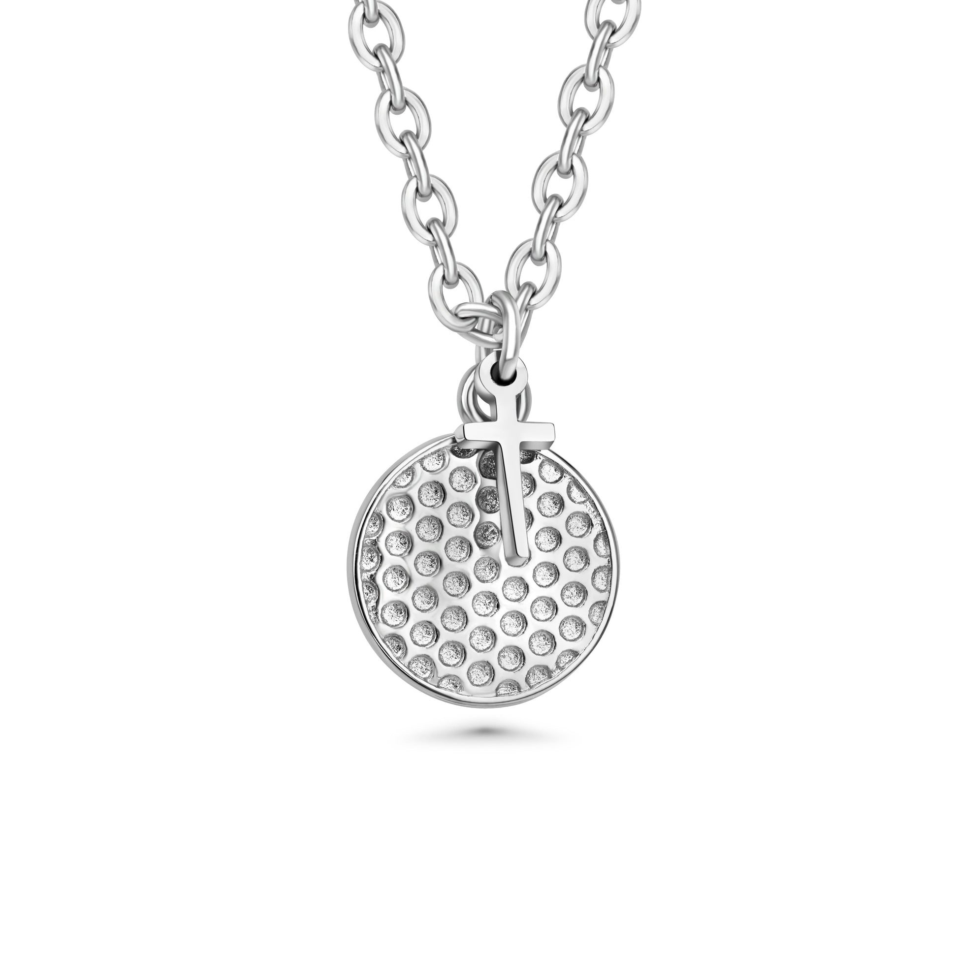 Silver necklace with a round pendant designed like a gold ball on a white background