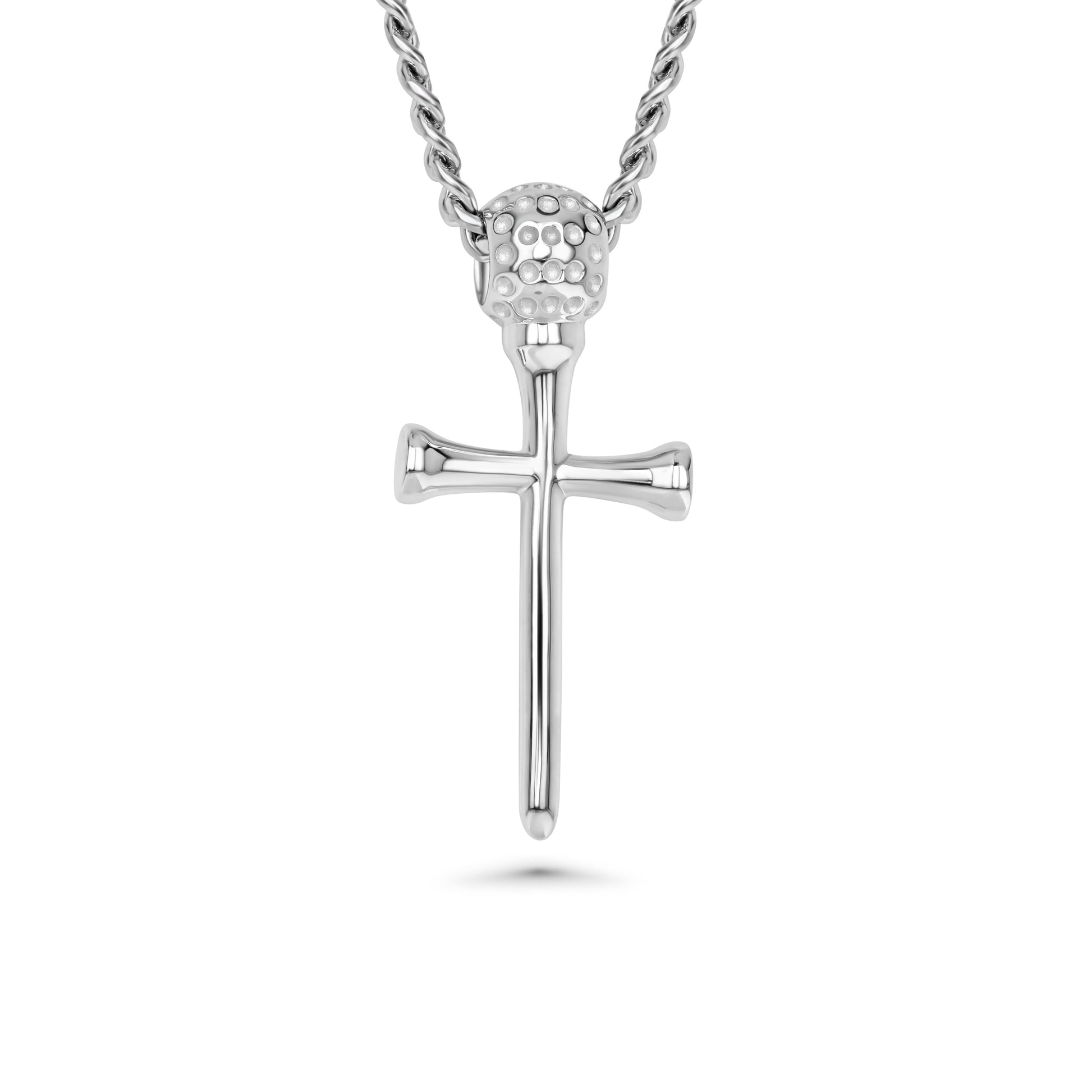Silver cross pendant in the design of golf tees necklace on a white background