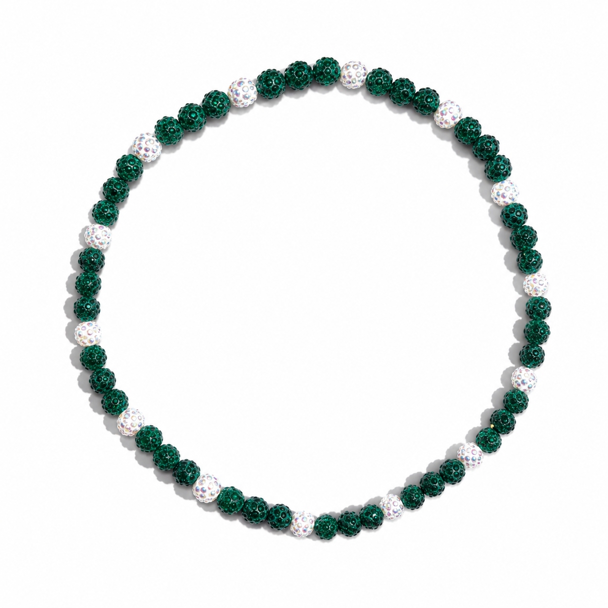 A beaded stretch bracelet featuring dark green faceted beads and alternating clear crystal-like white beads, arranged in a circle on a white background.