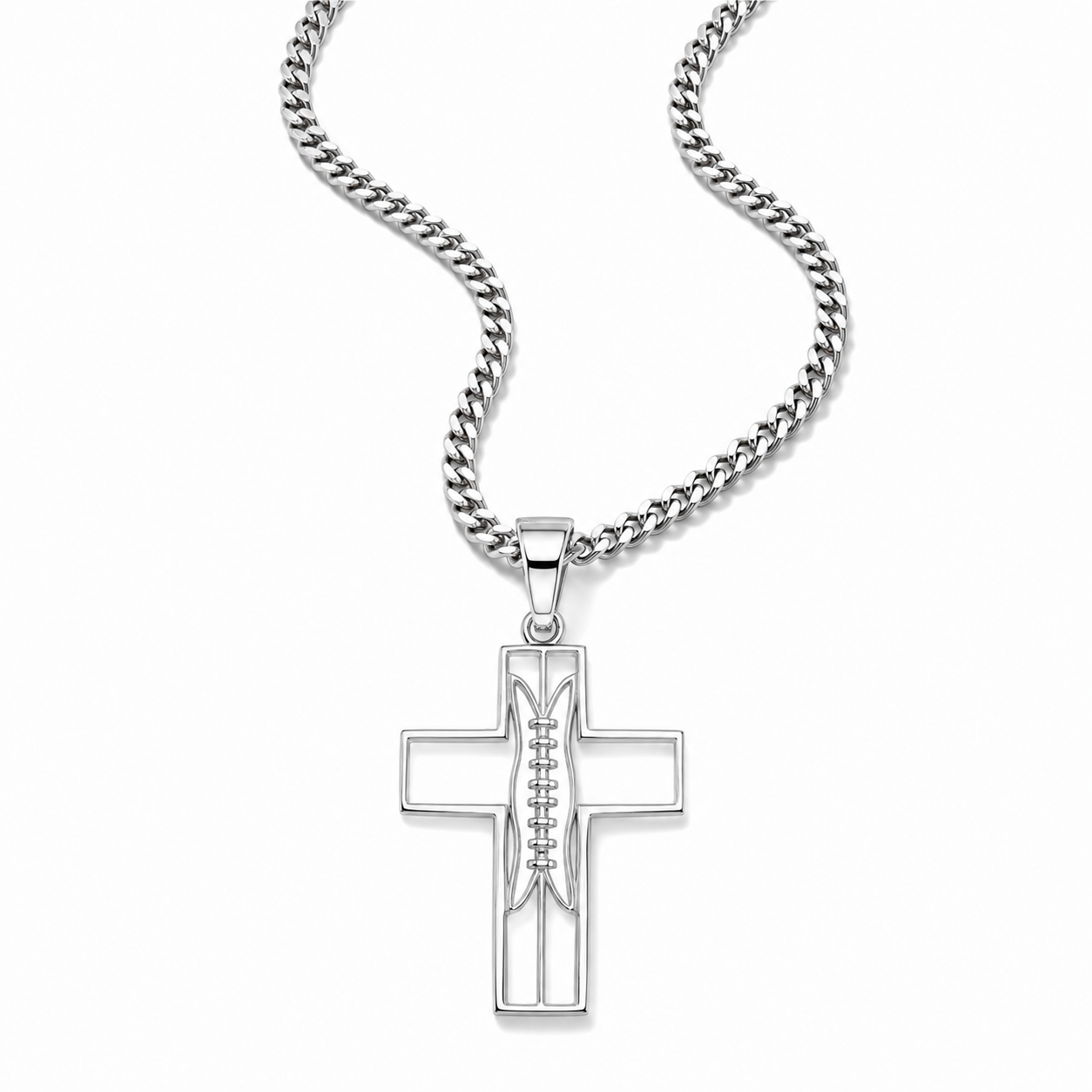 A silver-toned cross pendant necklace with a football pattern detail in the center, suspended from a matching curb chain against a plain white background.