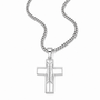 A silver-toned cross pendant necklace with a football pattern detail in the center, suspended from a matching curb chain against a plain white background.