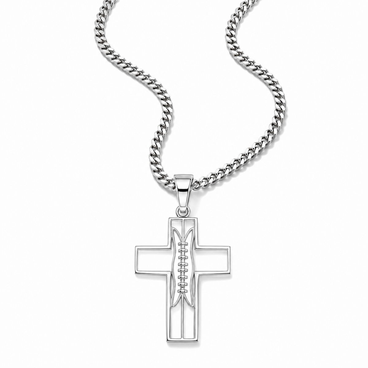 A silver-toned cross pendant necklace with a football pattern detail in the center, suspended from a matching curb chain against a plain white background.