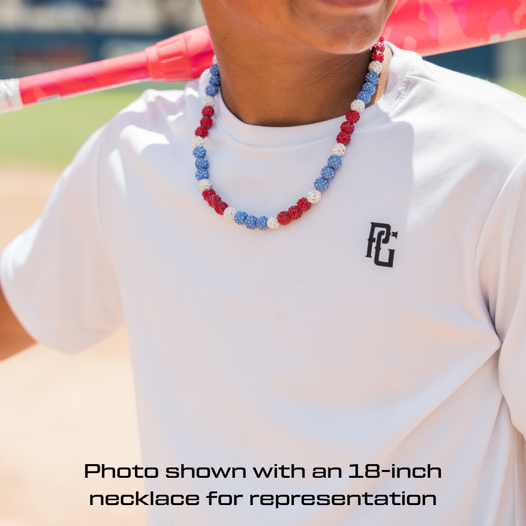Red White & Blue Americano Iced Out Baseball Bead Necklace On Teenage Model